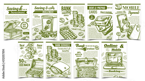 Banking Financial Collection Banners Set Vector. Debit And Credit Cards, Laptop And Pen, Phone And Calculator, Laptop And Mobile, Wallet, Safe Financial Advertising Posters. Monochrome Illustrations