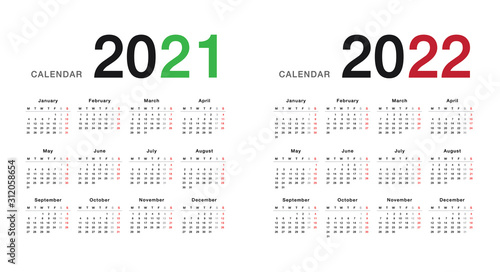 Colorful Year 2021 and Year 2022 calendar horizontal vector design template, simple and clean design. Calendar for 2021 and 2022 on White Background for organization and business. Week Starts Monday.