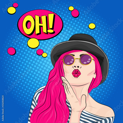 Pop art pretty woman, Oh effect. Vector isolated  illustration on blue background