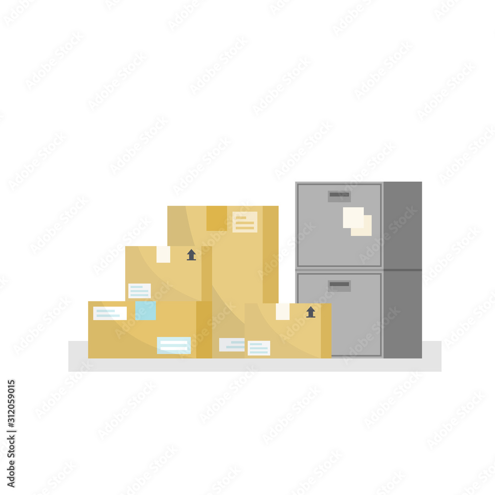 Obraz premium Corrugated box beside Steel drawers 2D flat vector set