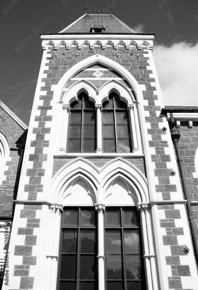 Christchurch - Canterbury museum. Black and white retro style.