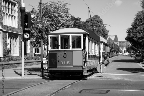 Christchurch tram. Black and white retro style.