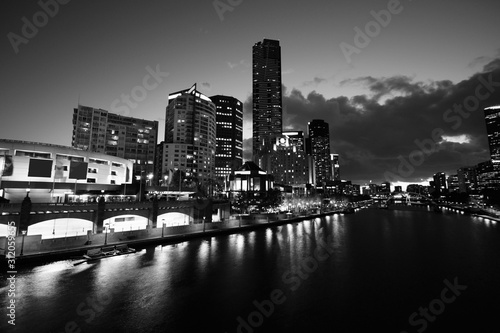 Melbourne city skyline. Black and white retro style.