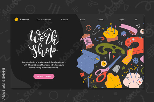 Web banner layout for sewing and crafts workshop announcement. Hand drawn illustrations of sewing and tools with lettering. Pre-made header for creative professional education for sewer or tailor