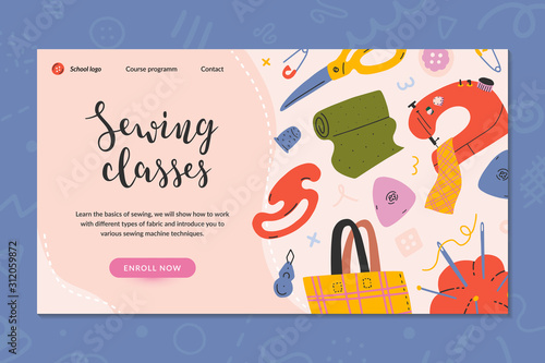 Web banner layout for sewing classes, online course or workshop. Hand drawn illustrations of sewing tools, simple modern style. Pre-made landing for dressmaking, tailoring school, enroll now button