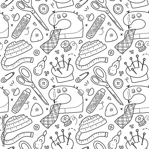 sewing and tailoring tools, acessories and equipment, vector background, seamless vector pattern, simple black and white line art, outline drawings, sewing machine, measuring tape and scissors.