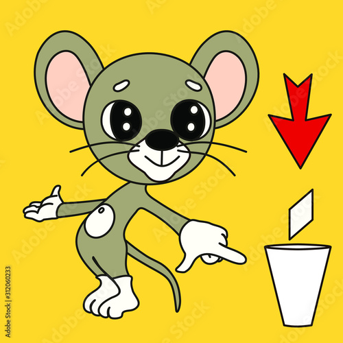 Emoticon with a cool mouse that points with an index finger to the urn where it is necessary to throw garbage, vector clip art