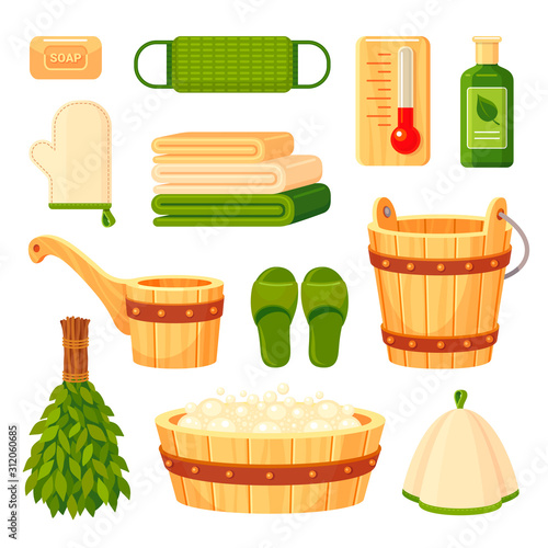 Bath and sauna accessories flat vector illustrations set