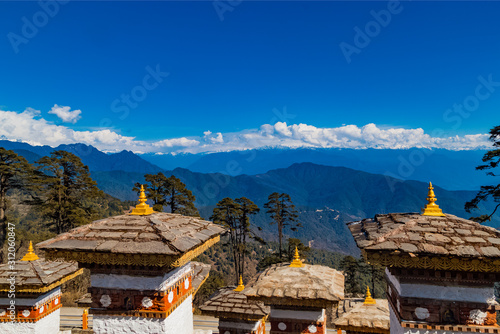 108 Memorial Chortens of Dochula Pass- mountain pass in Himalayas within Bhutan on the road from Thimpu Thimphu to Punakha  Bhutan.