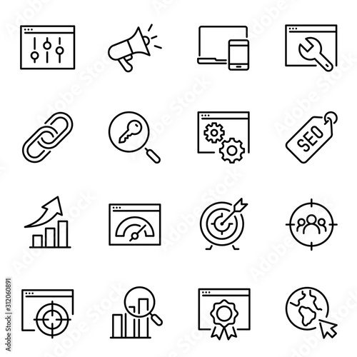 Search engine optimization thin line icons set