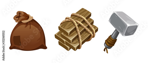 set os bag, bundle of firewood, hammer