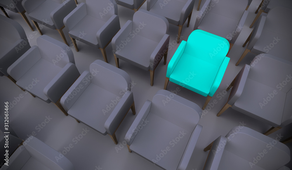 Concept or conceptual blue armchair standing out in a  conference room as a metaphor for leadership, vision and strategy. A  3d illustration of individuality, creativity and achievement - obrazy, fototapety, plakaty 