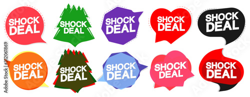 Set Shock Deal tags design template, sale speech bubble banners, app icons, vector illustration