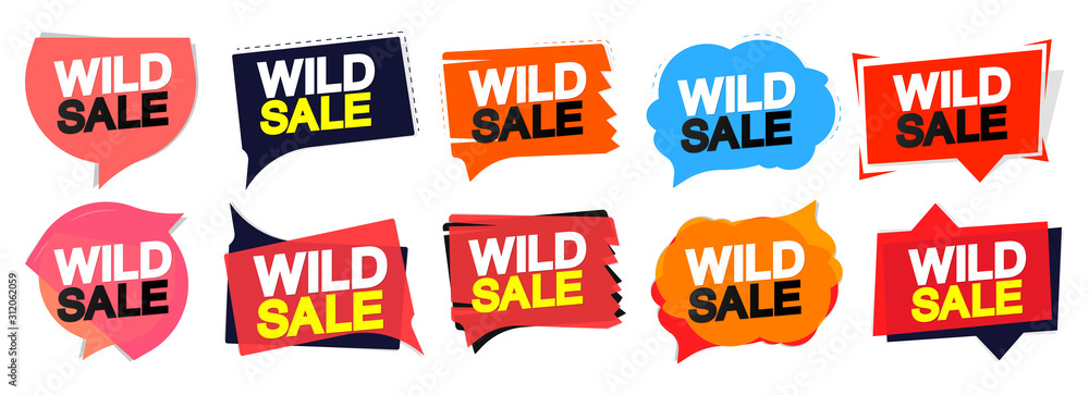Set Wild Sale tags design template, discount speech bubble banners, app icons, vector illustration - obrazy, fototapety, plakaty 