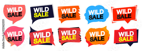 Set Wild Sale tags design template, discount speech bubble banners, app icons, vector illustration