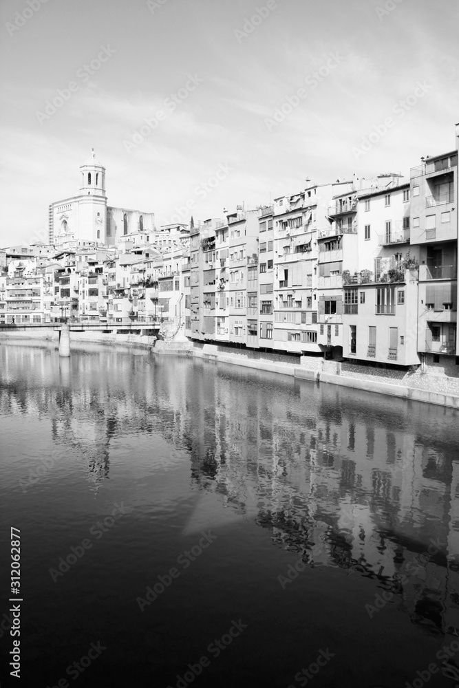 Girona city, Spain. Black and white retro image style.