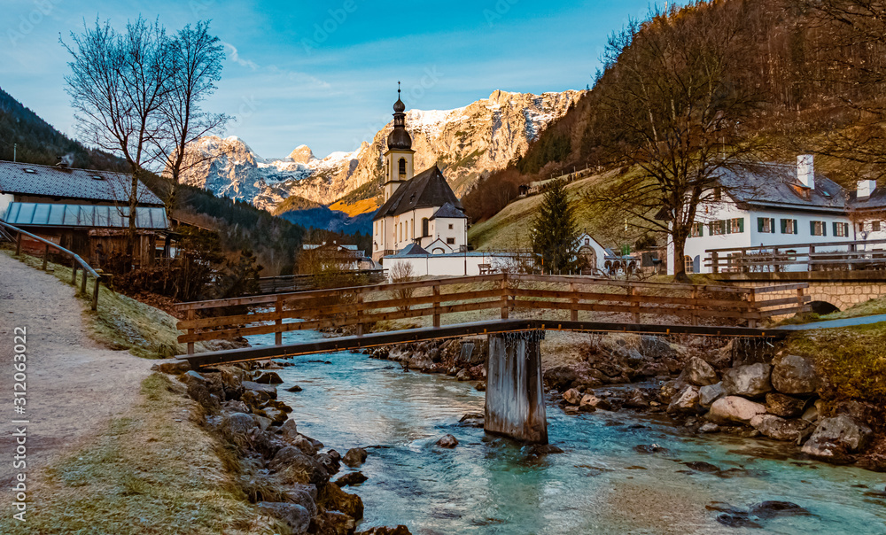 Beautiful alpine view with the famous church at Ramsau, Berchtesgaden, Bavaria, Germany