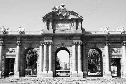Madrid - Puerta Alcala. Black and white vintage style.