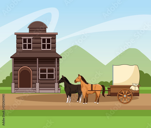 Western town design with horses carriage and wooden building over landscape background