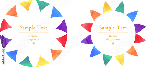 サークル_フレーム_枠_円_丸_フラッグ_三角_ガーランド_水彩_レインボー_虹色