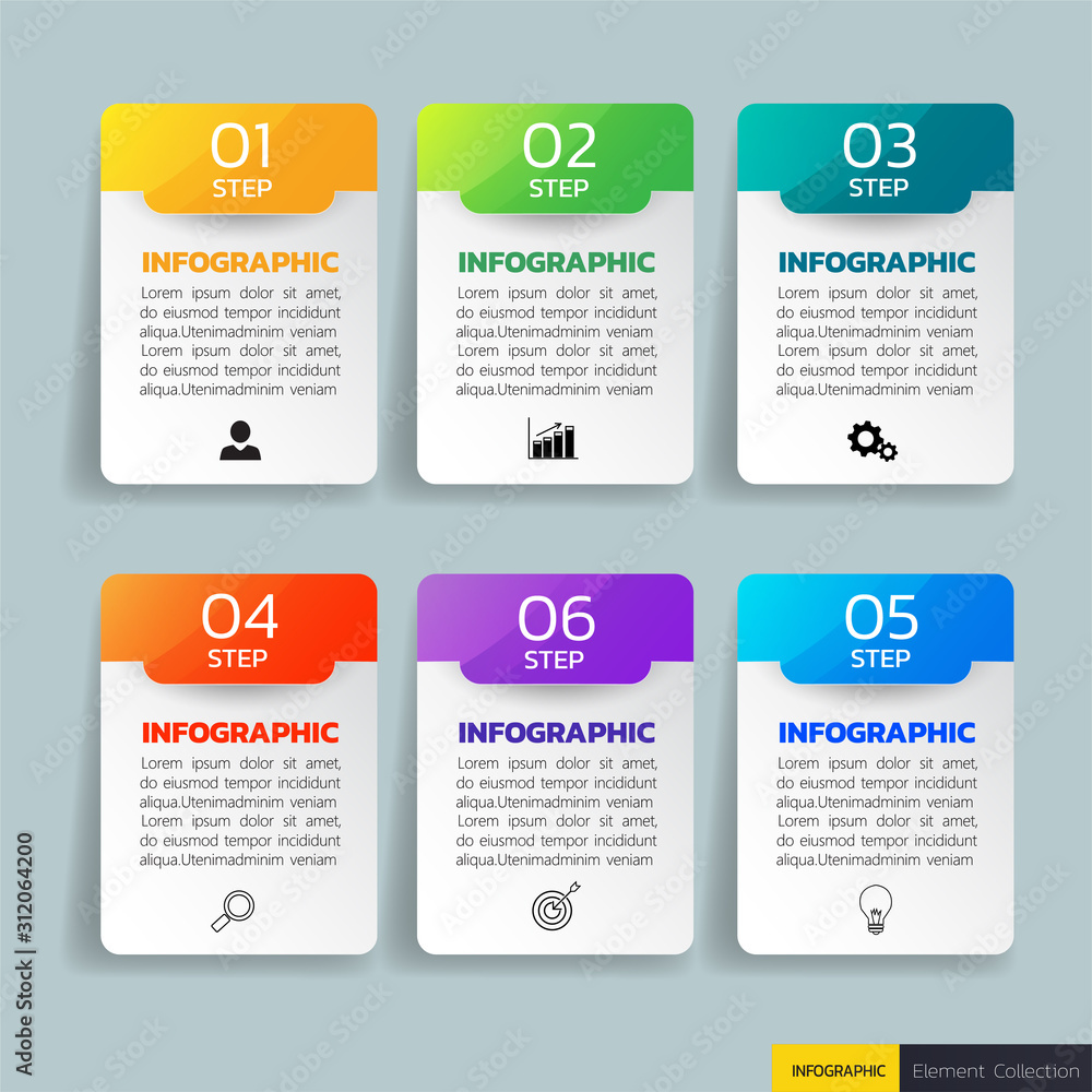 Modern Infographics design template 6 options process. vector design.