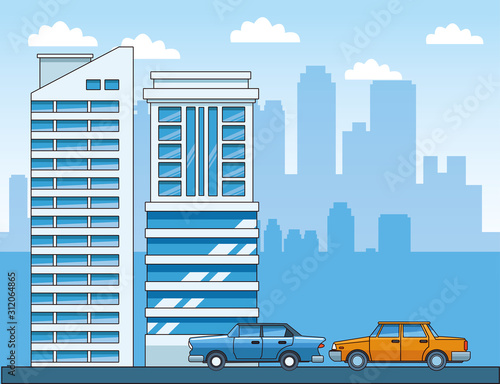 classic cars and modern buildings over blue background, colorful design