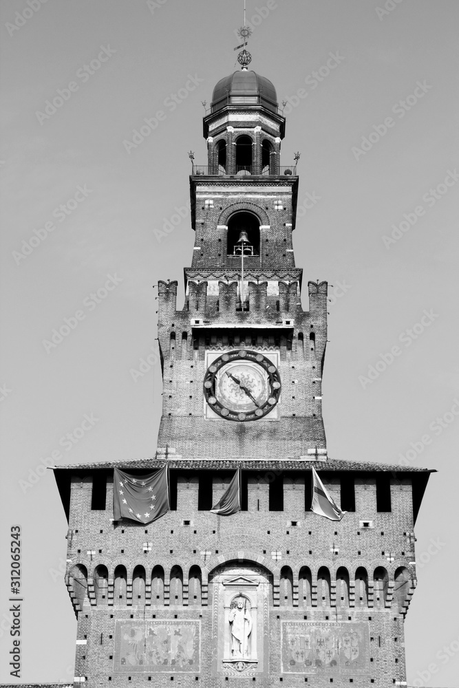 Naklejka premium Milan castle. Vintage toned black and white style.