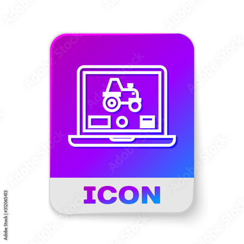 White line Laptop application for control a autonomous tractor on a smart farm icon isolated on white background. Smart agriculture implement. Rectangle color button. Vector Illustration