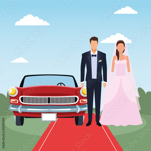 Avatar just married couple standing and red classic car over landscape background