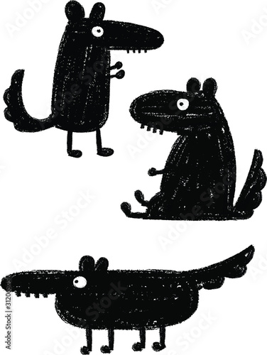 Dog in differents position doodle, hand drawn crayon illustration