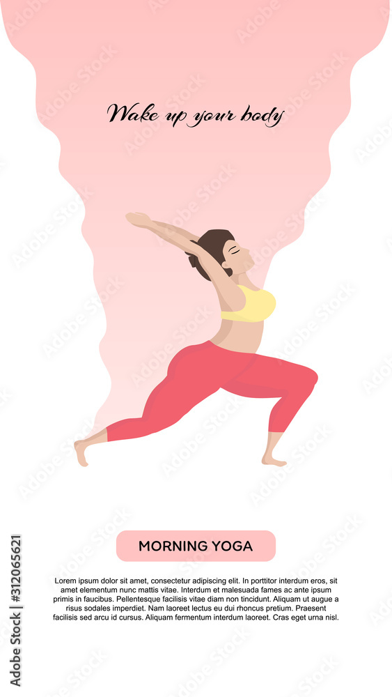 Vector illustration with yoga and healthy lifestyle sports and body positive concept.Young happy asian oversized woman in yoga position. For Mobile App Page or Website banner yoga classes