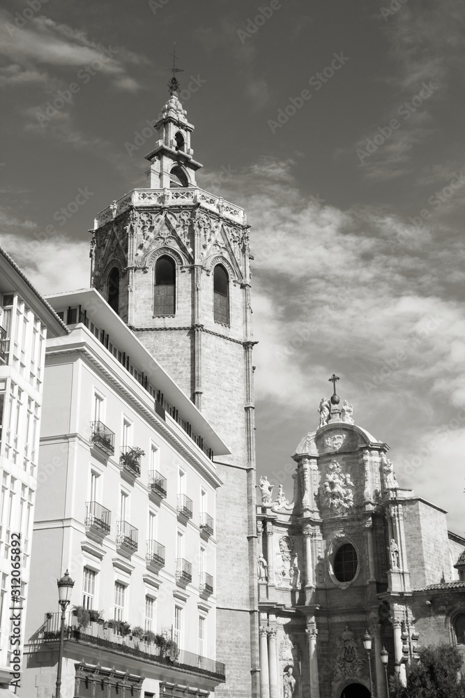 Valencia cathedral in Spain. Vintage toned black and white style.