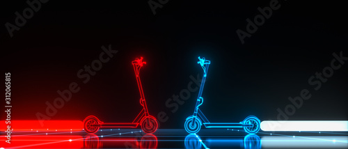 virtual e scooter pulls a beam behind it (3d rendering)