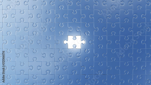Foto One Large hole of a missing puzzle piece in the middle of lots of other pieces
