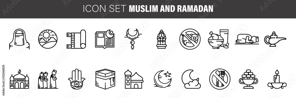 muslim and ramadan Set of Isolated Universal Standard Minimal Simple Islamic Black Thin Line Icons on Background.