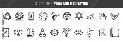 Meditation Practice and Yoga Vector Line Icons Set. Relaxation, Inner Peace, Self-knowledge, Inner Concentration