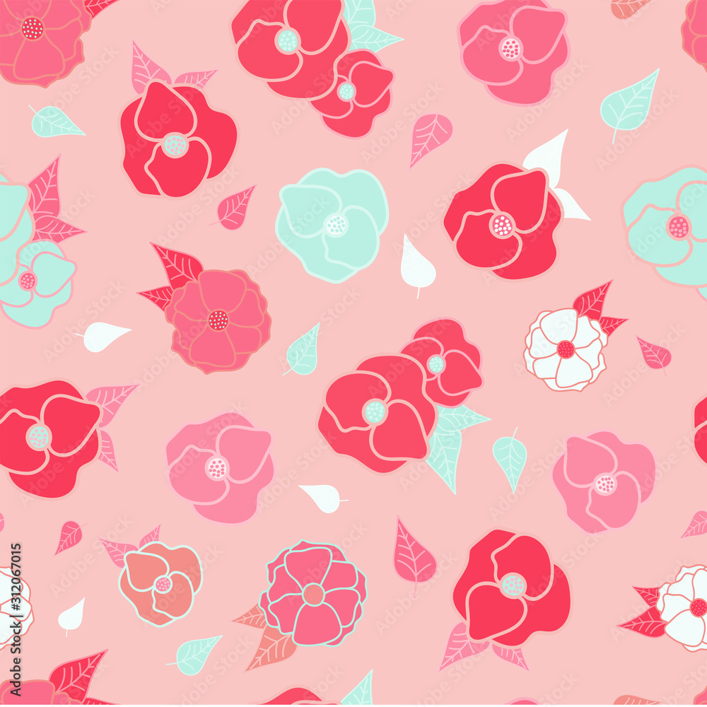 Red and green poppy flowers seamless repeat pattern for wrapping paper.