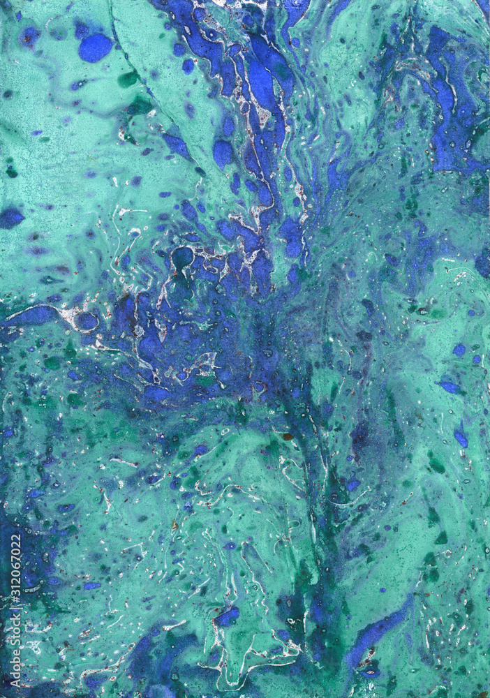 Obraz premium malachite dark blue green background stone wall texture unique technology of painting with paints on water. For tile design, background, stone imitation