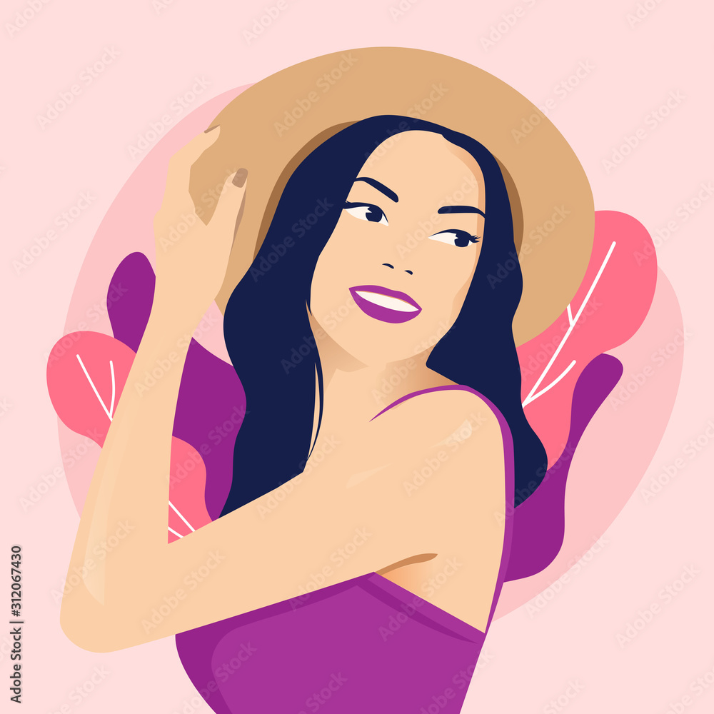 A young girl with blue hair in a straw hat smiles on a pink background with tropical leaves. Happy girl greeting card March 8 A young girl with blue hair in a straw hat smiles on a pink background with tropical leaves. Happy girl greeting card March 8