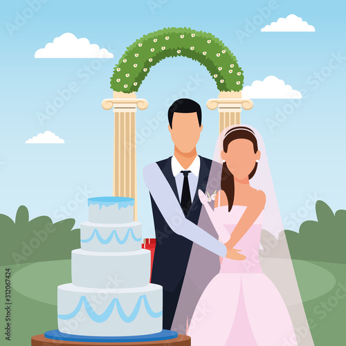 just married couple with wedding cake and floral arch around, colorful design