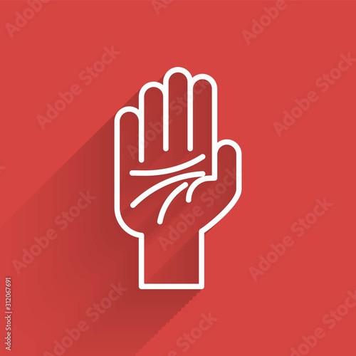 White line Palmistry of the hand icon isolated with long shadow.  Vector Illustration