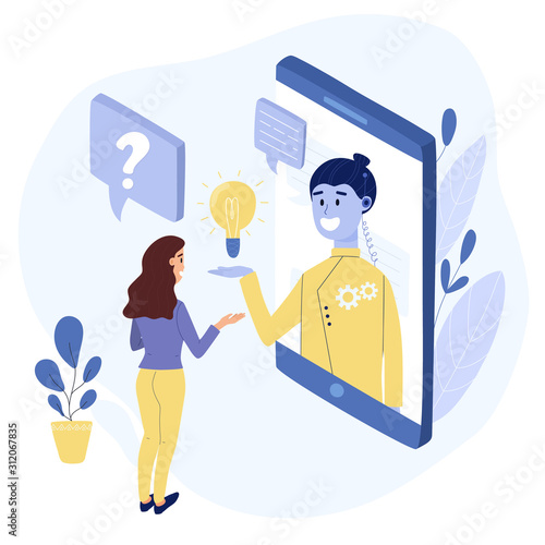 Chatbot conversation concept. Woman talking with a chat bot through mobile phone
