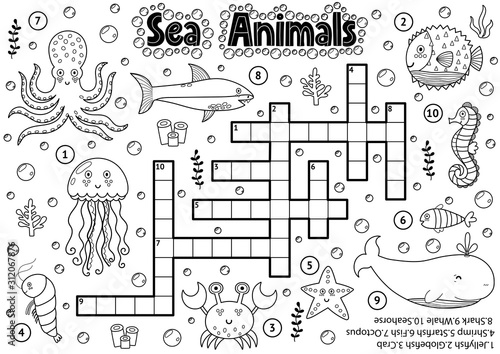 Black and white crossword with sea animals for coloring