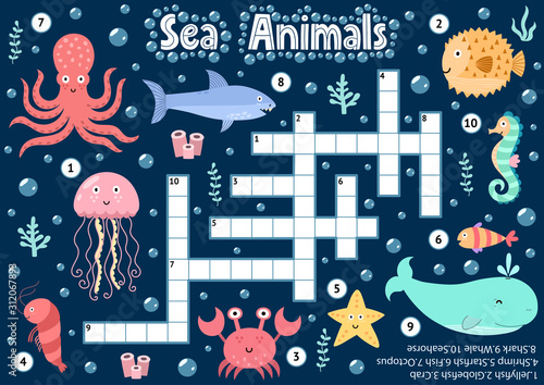 Crossword puzzle game of sea animals for kids. Underwater logical activity sheet