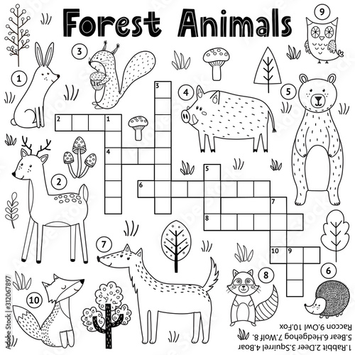 Black and white crossword for kids with forest animals. Woodland coloring page
