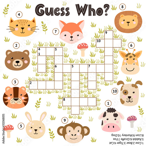 Guess Who crossword game for kids. Funny animals faces search activity