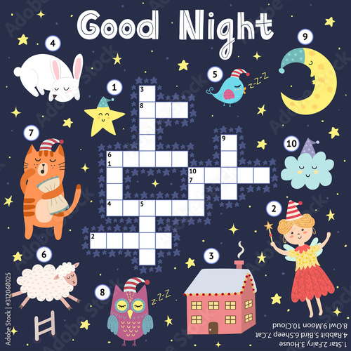 Good Night crossword game for kids. Sweet dreams find word puzzle
