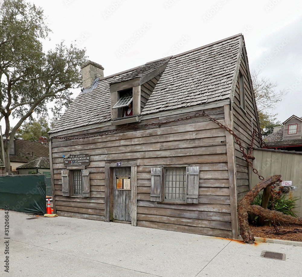The oldest wooden school house in the United States, located in St. Augustine, Florida.  The house is said to be haunted as a mannequin looks out of the window, a very popular tourist destination.