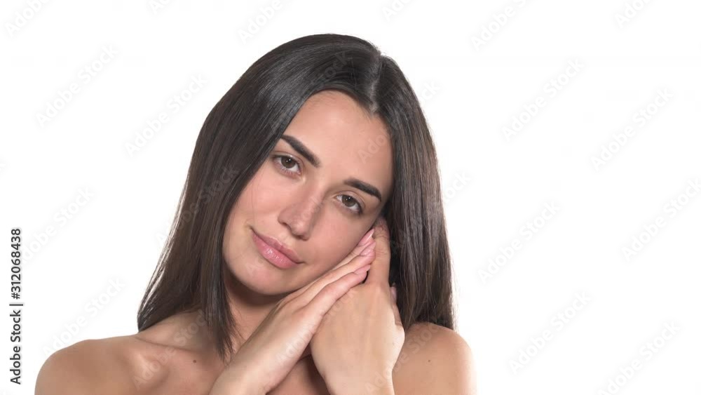 Portrait shot of sexy young woman dreaming about love. Close-up of a model with dreamy look. Isolated, on white background Portrait shot of sexy young woman dreaming about love. Close-up of a model with dreamy look. Isolated, on white background