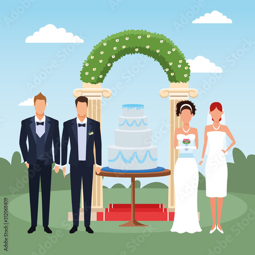 Wedding scenery with just married couple and groomsmen standing around the weeding cake and floral arch